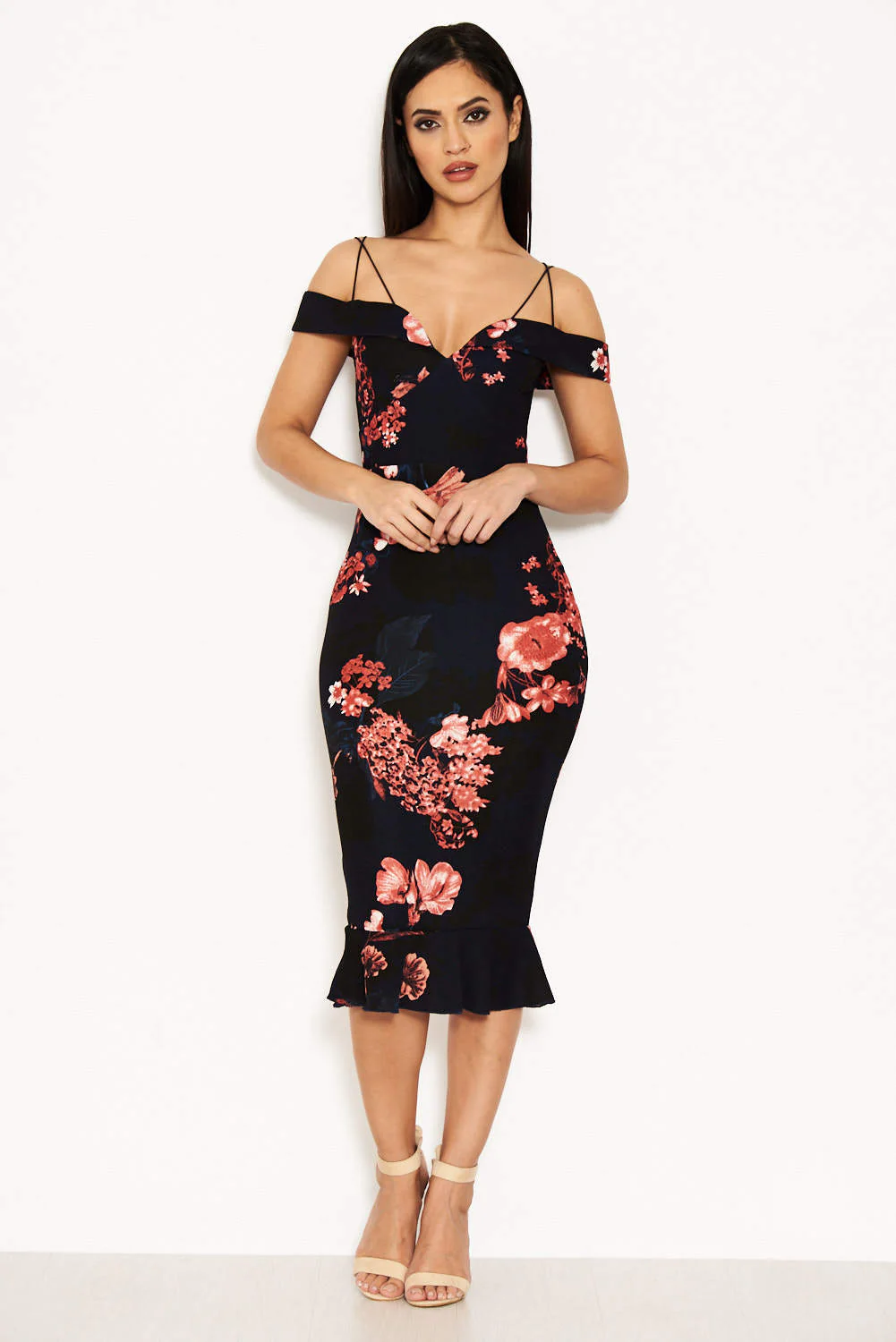 Navy Floral Strappy Frill Hem Dress - Image 2