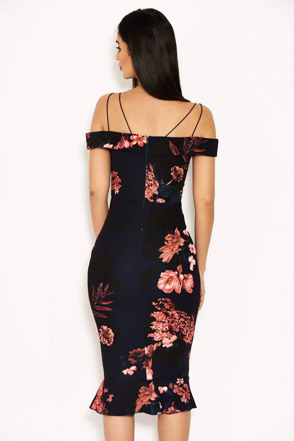 Navy Floral Strappy Frill Hem Dress - Image 3