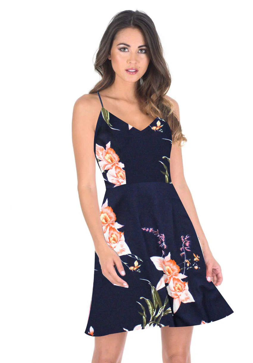 Navy Floral V-Neck Strappy Skater Dress - Image 2