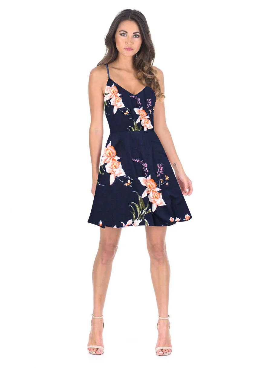 Navy Floral V-Neck Strappy Skater Dress - Image 3