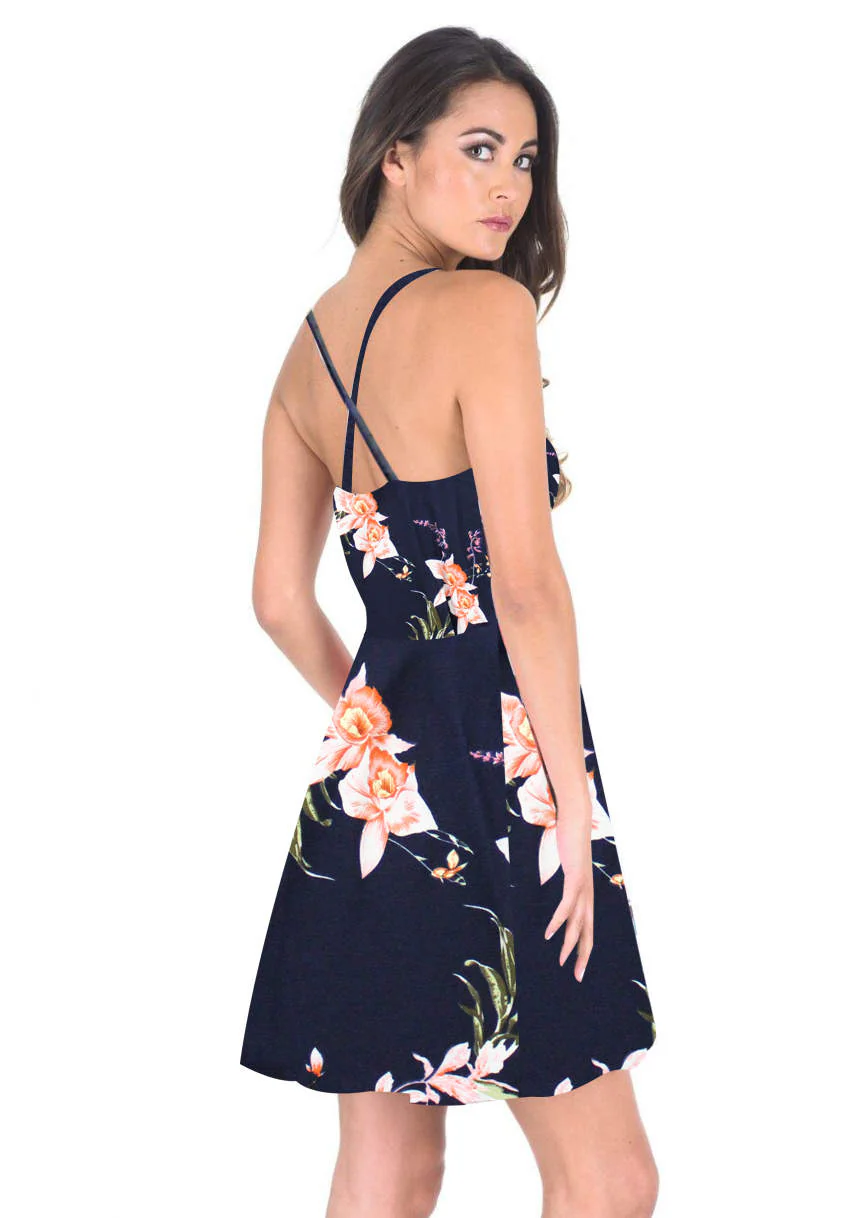 Navy Floral V-Neck Strappy Skater Dress - Image 4