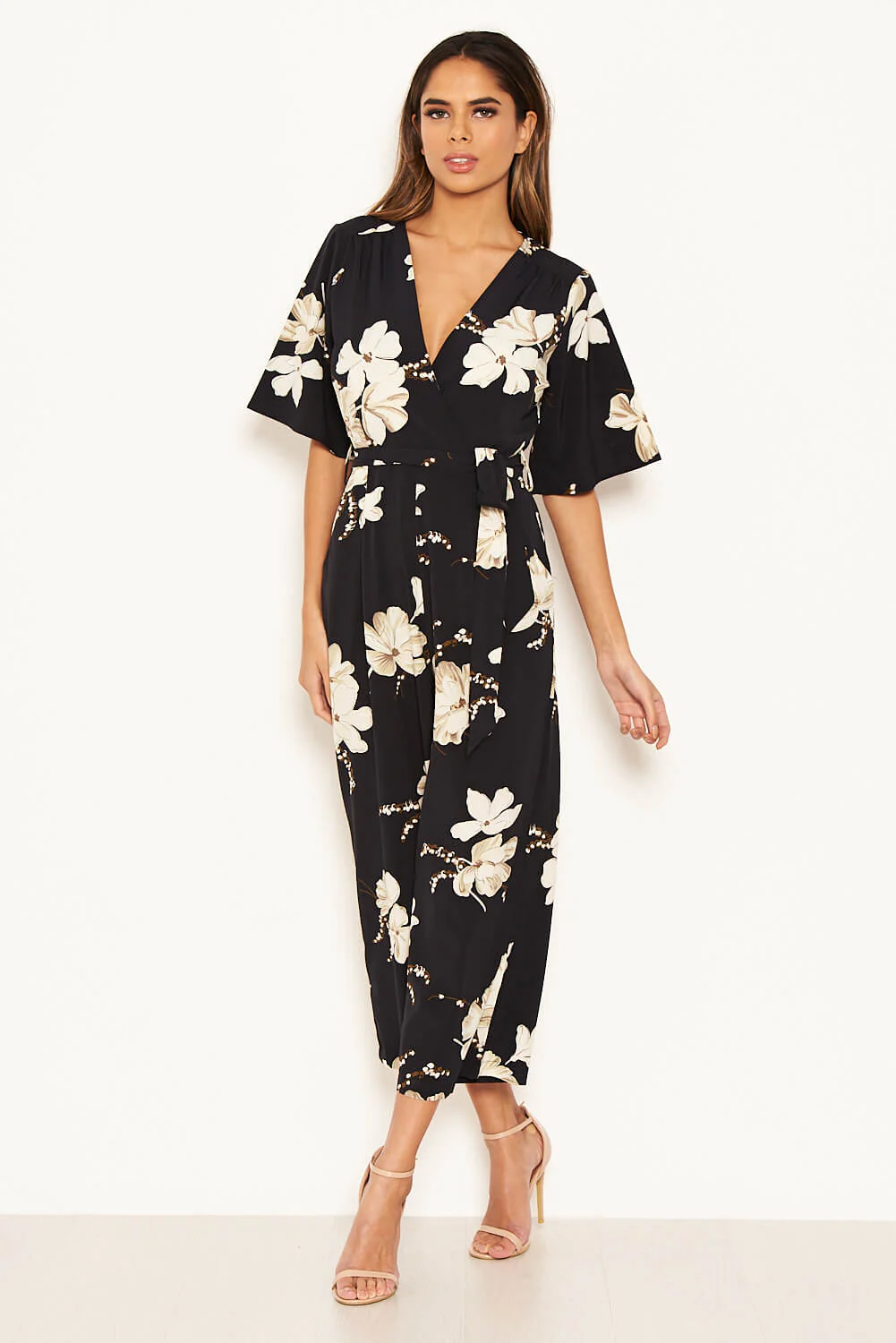 Navy Floral Wrap Culotte Jumpsuit - Image 7