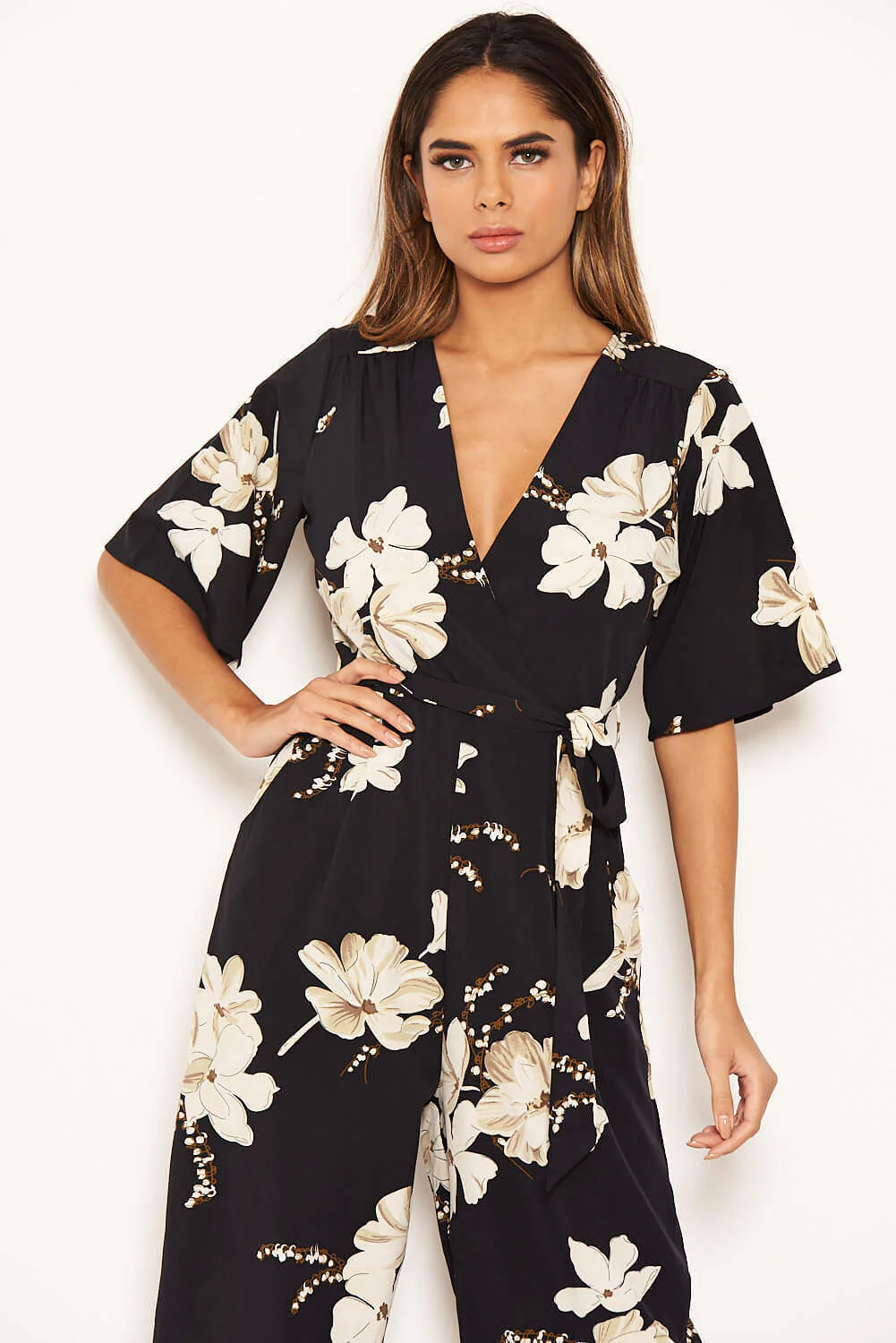 Navy Floral Wrap Culotte Jumpsuit - Image 8
