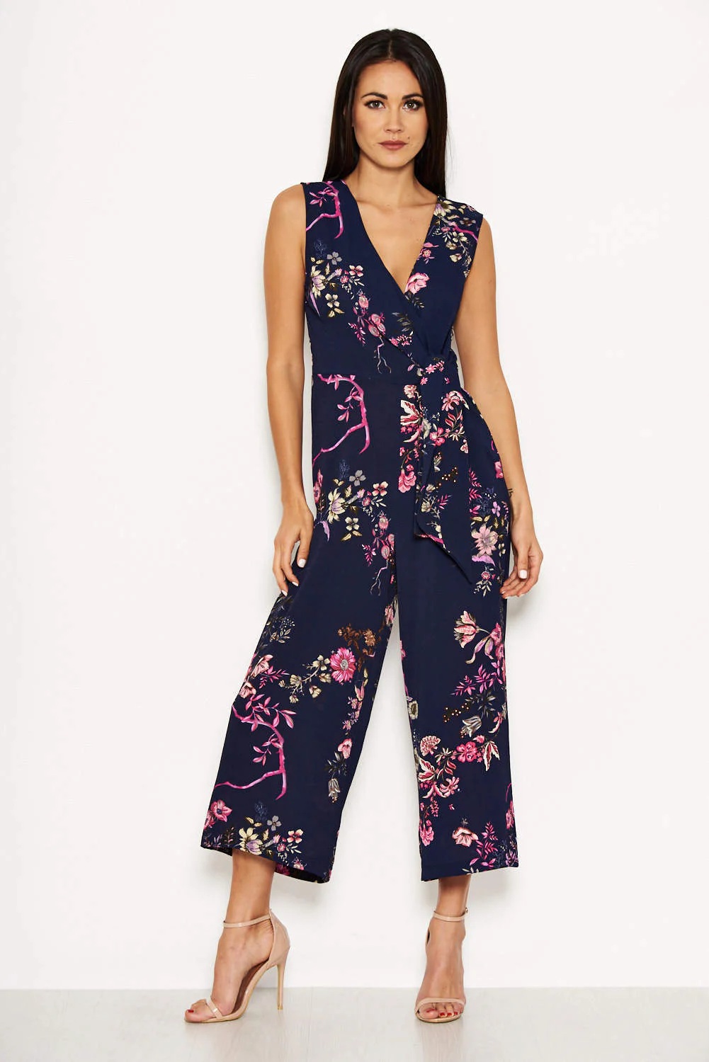 Navy Floral Wrap Culotte Jumpsuit - Image 2