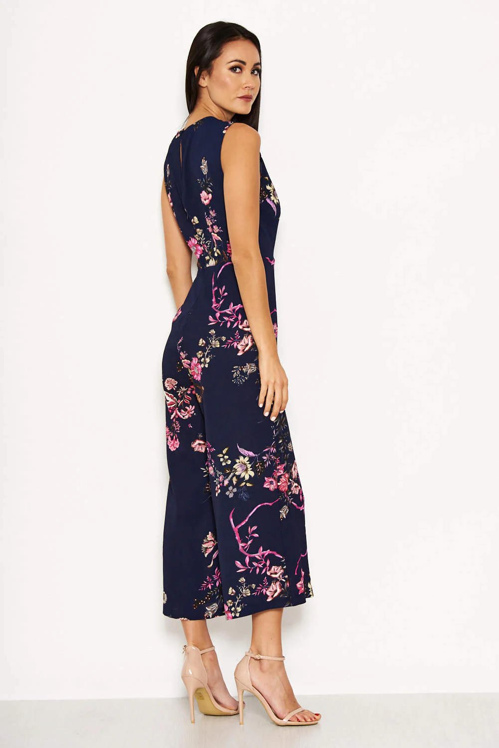 Navy Floral Wrap Culotte Jumpsuit - Image 3