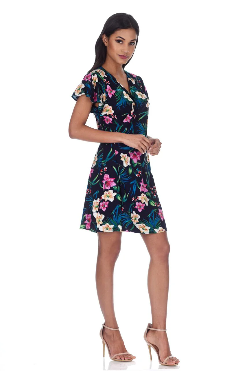 Navy Floral Wrap Dress With Frill Detail - Image 2