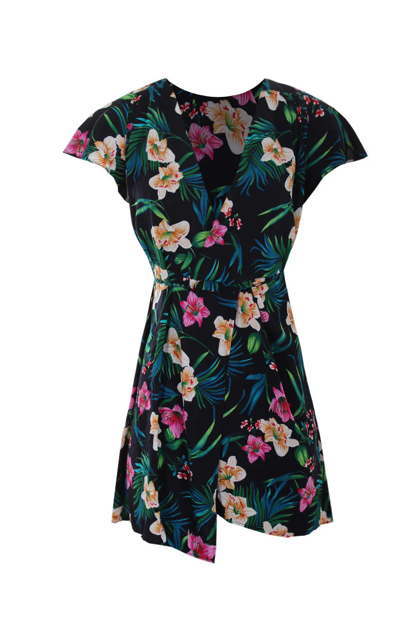 Navy Floral Wrap Dress With Frill Detail - Image 3
