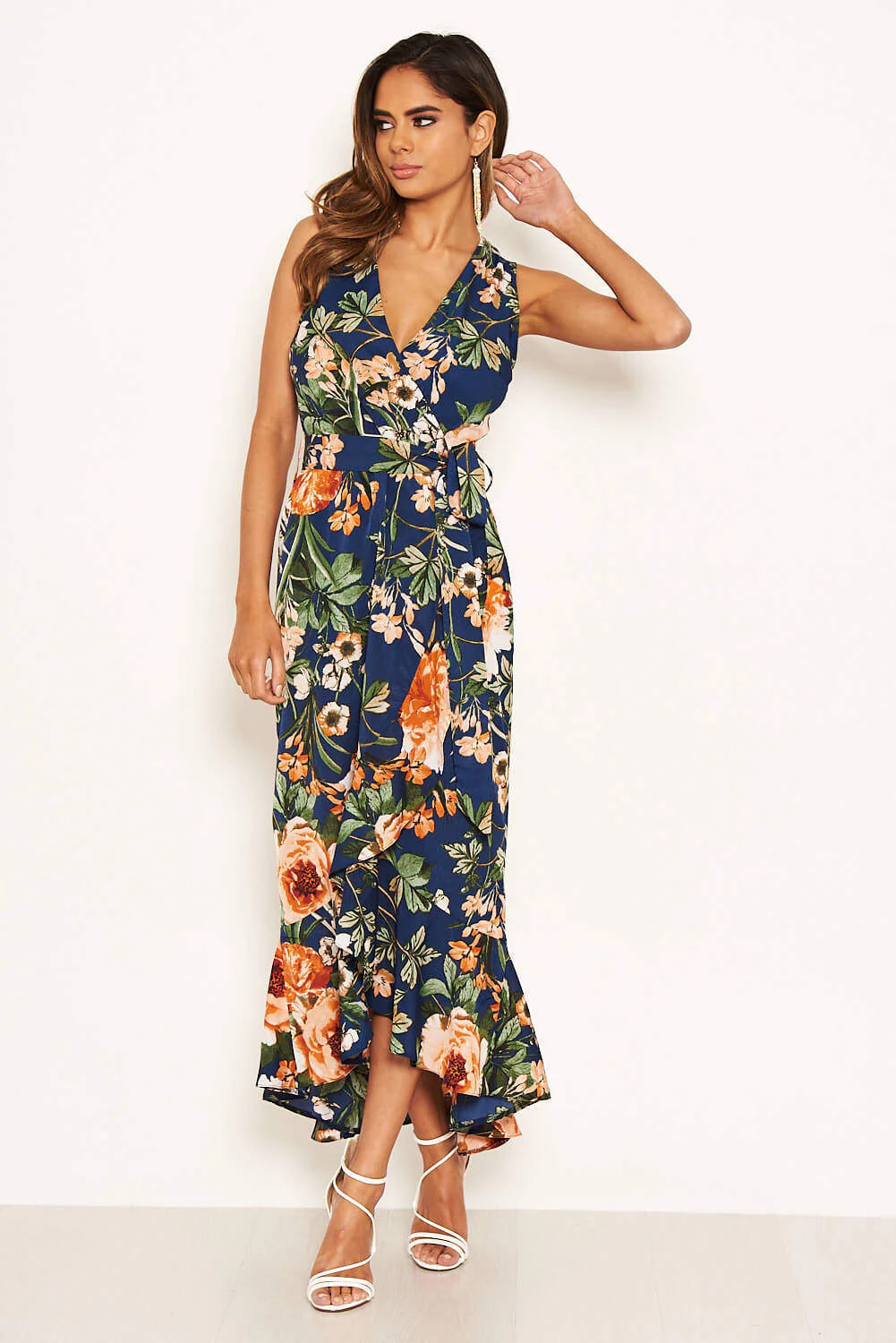 Navy Floral Wrap Midi Dress - Image 5