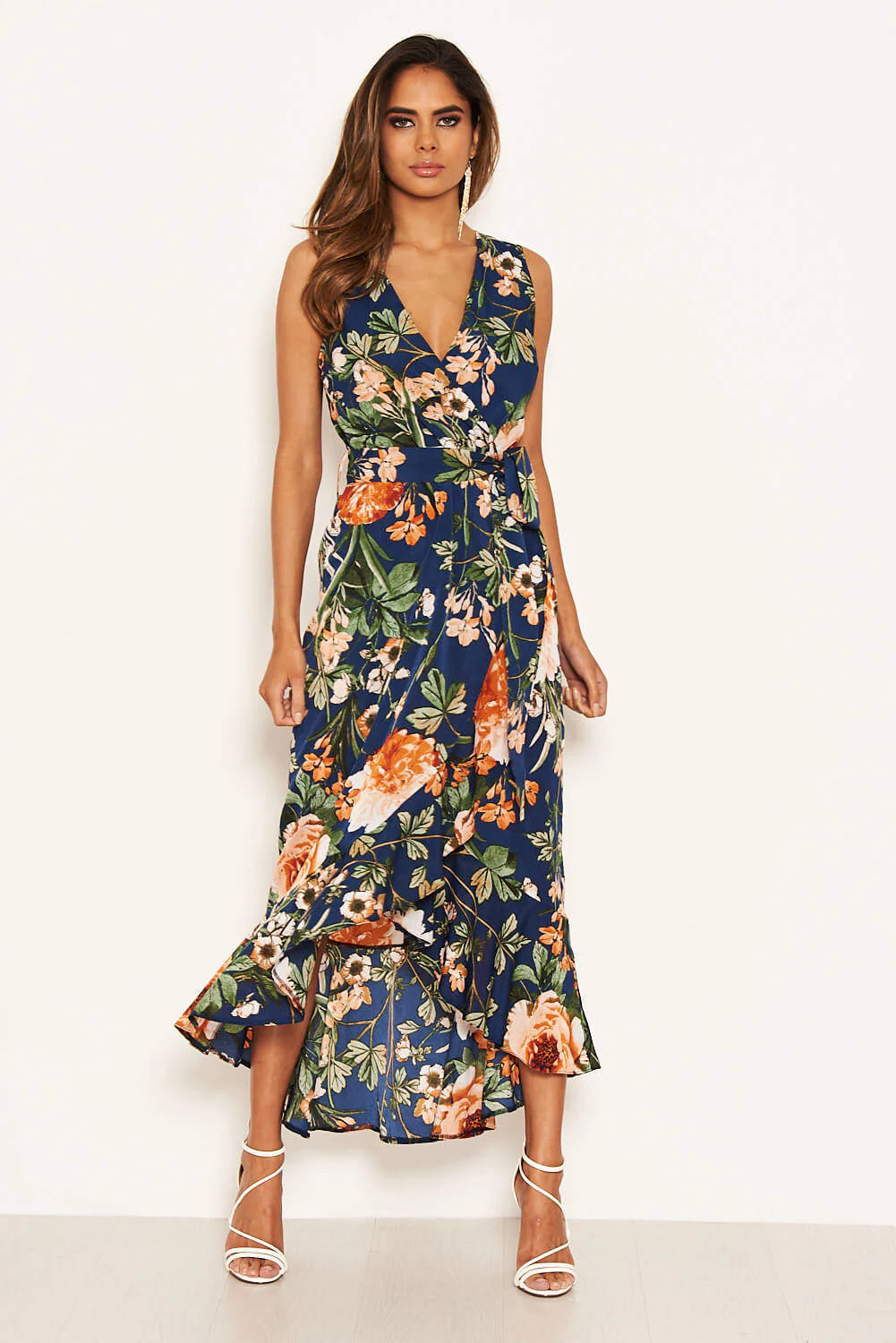 Navy Floral Wrap Midi Dress - Image 6