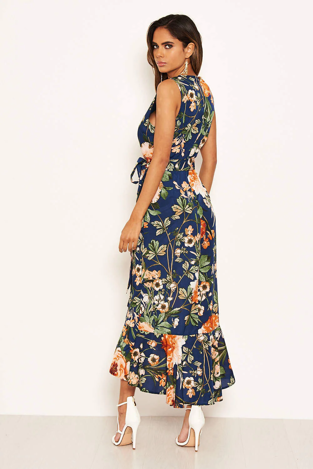 Navy Floral Wrap Midi Dress - Image 7