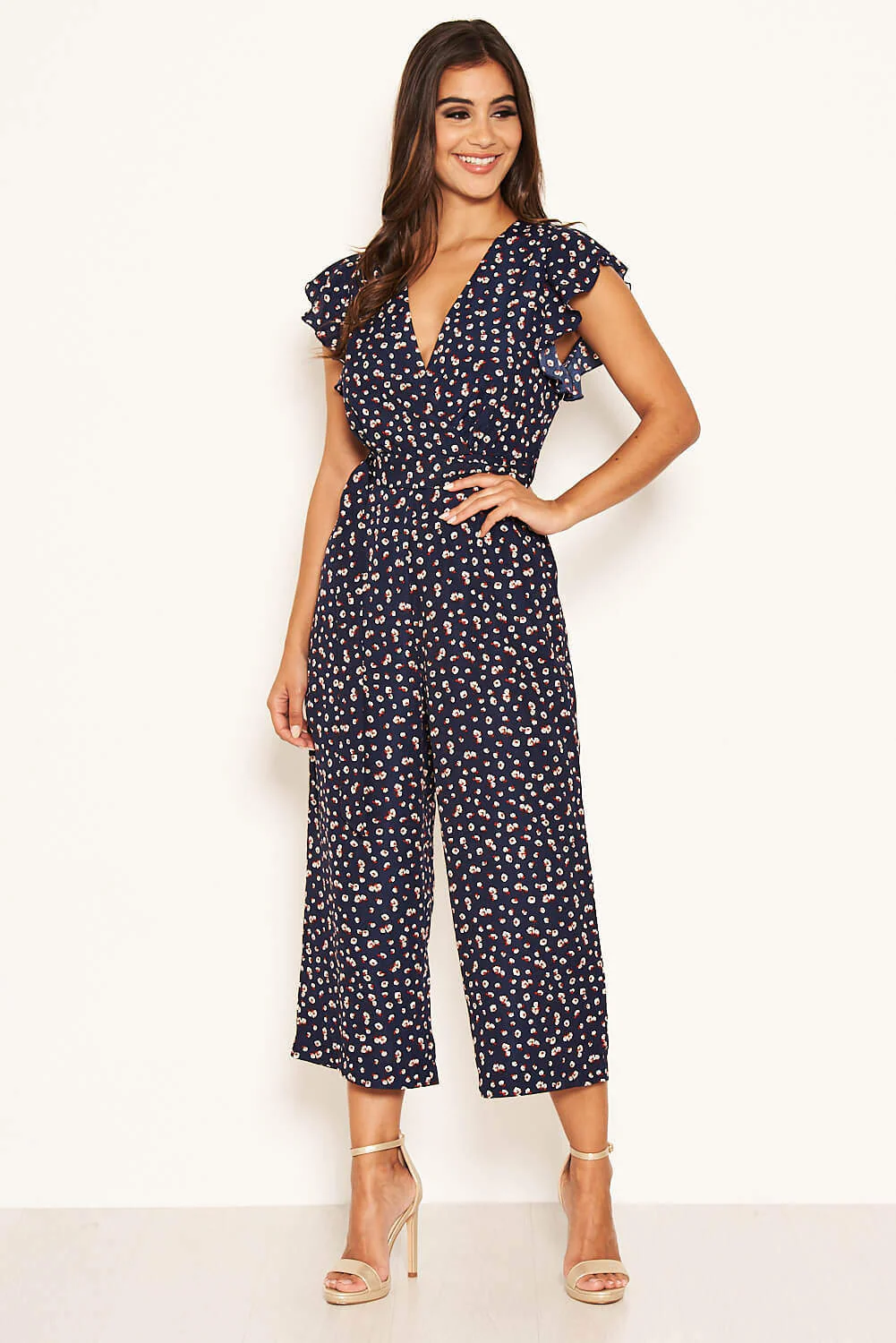 Navy Floral Wrap Over Culotte Jumpsuit - Image 2