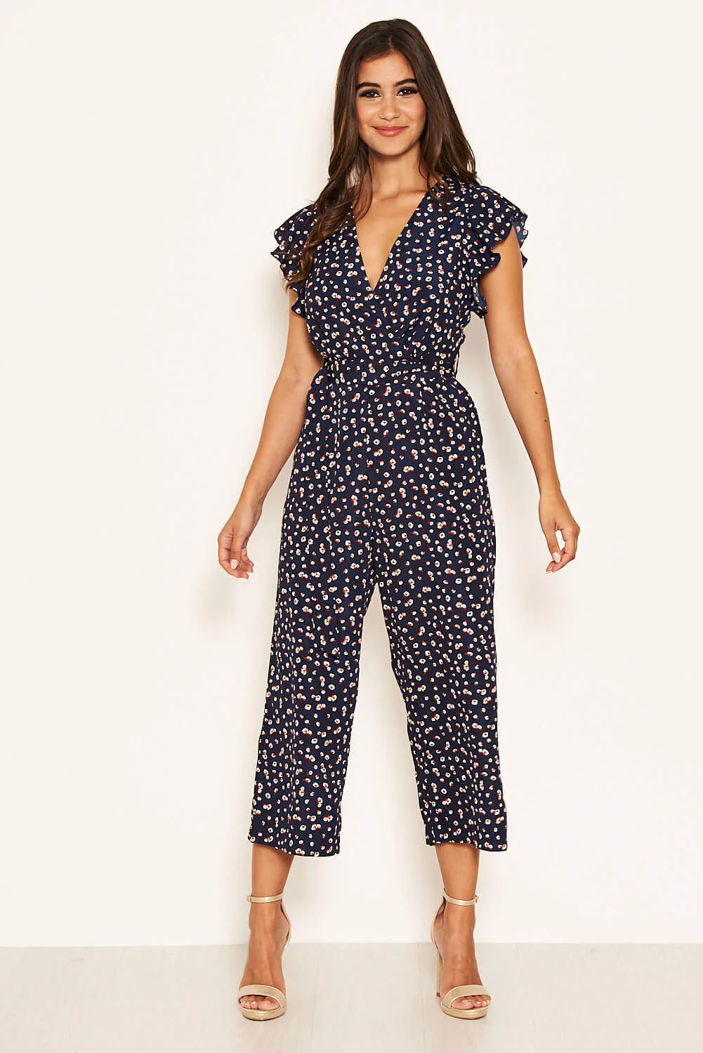 Navy Floral Wrap Over Culotte Jumpsuit - Image 3