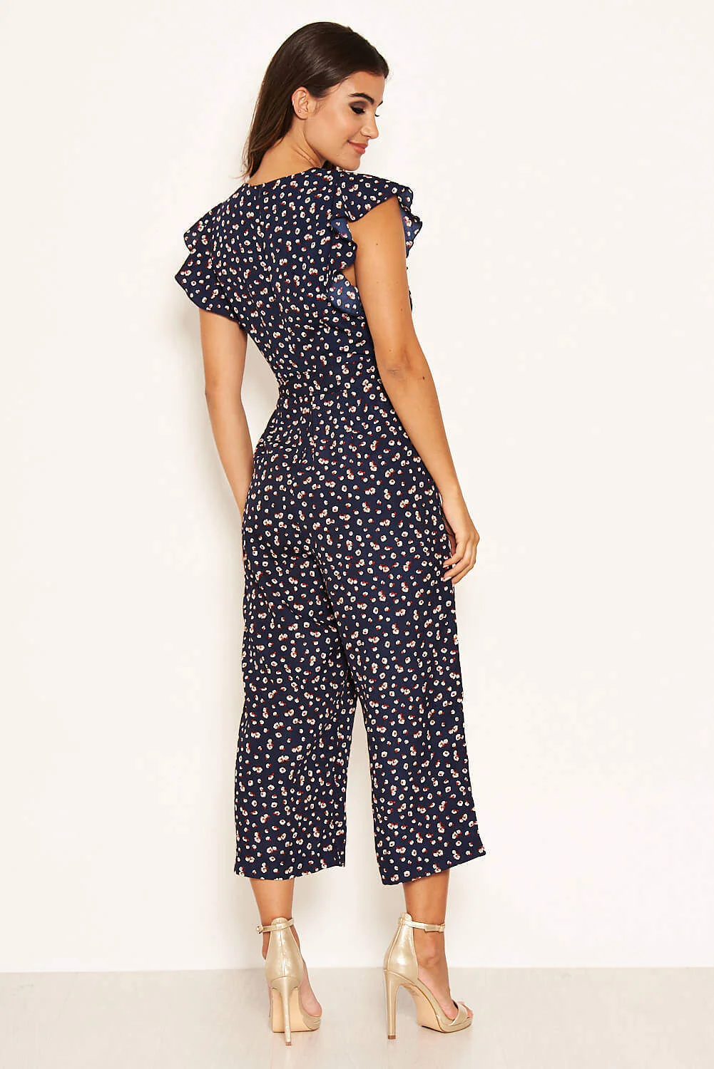 Navy Floral Wrap Over Culotte Jumpsuit - Image 4