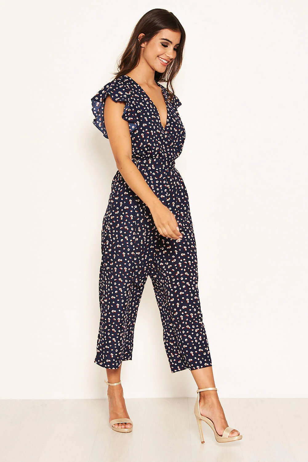 Navy Floral Wrap Over Culotte Jumpsuit - Image 5