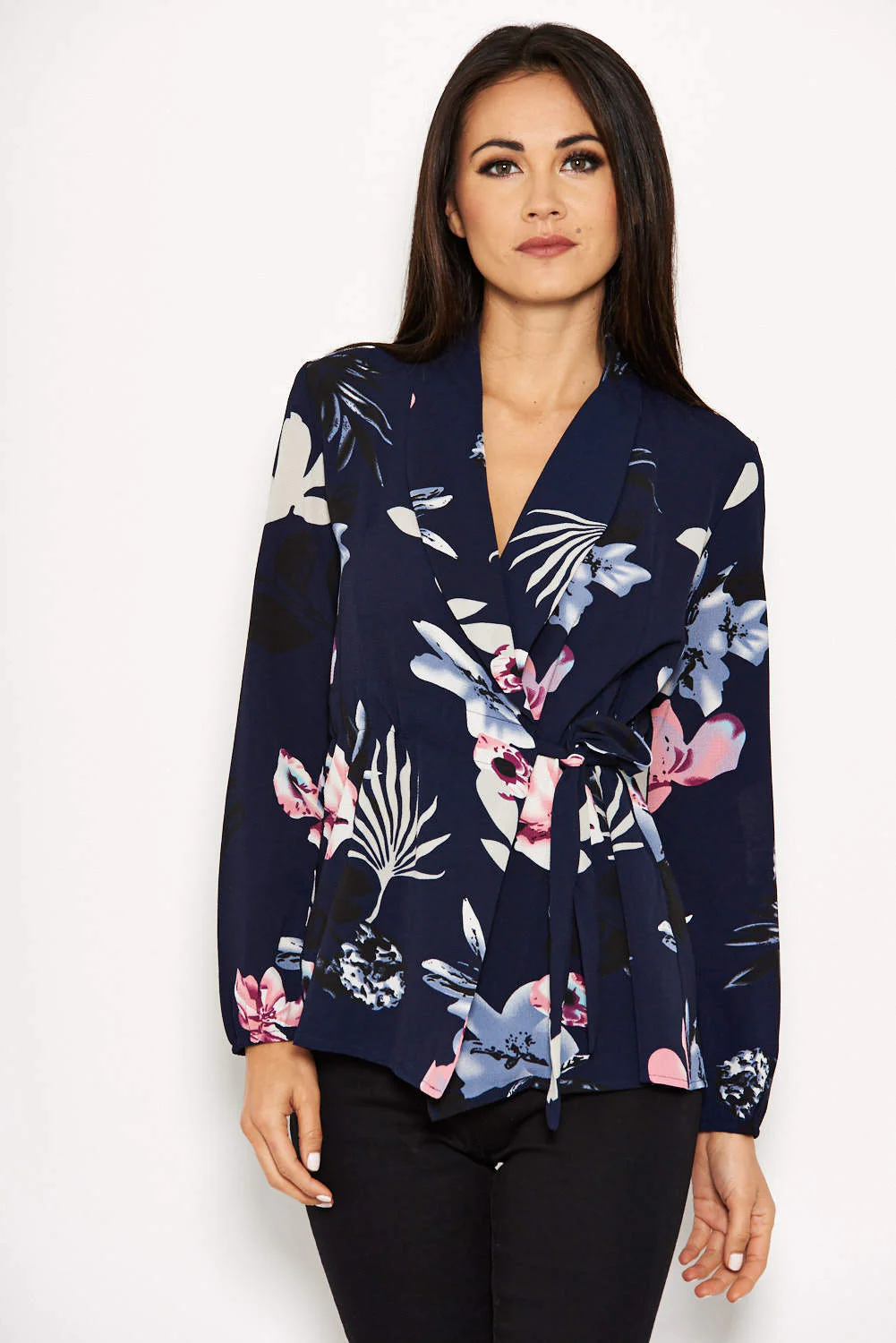 Navy Floral Wrap Top - Image 3