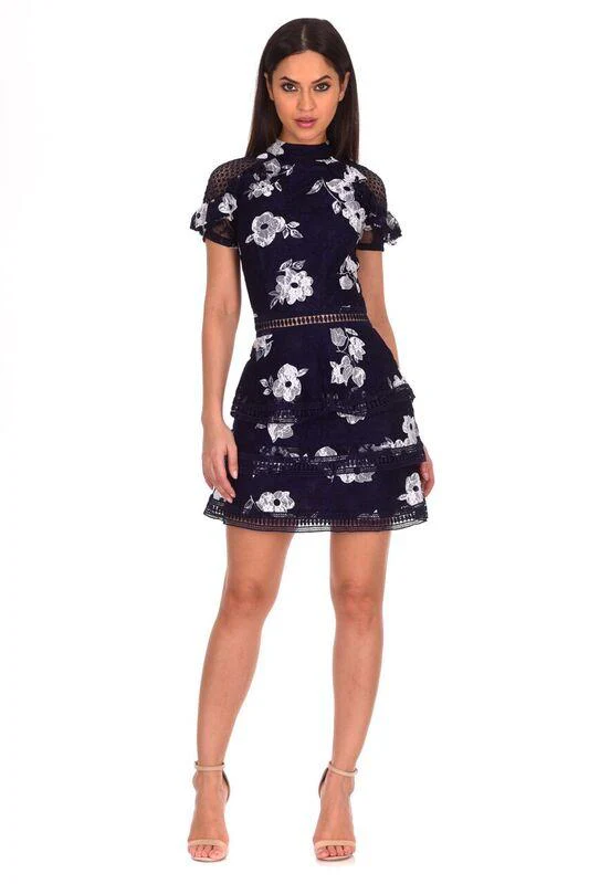 Navy Flower Detail Lace Dress - Image 2