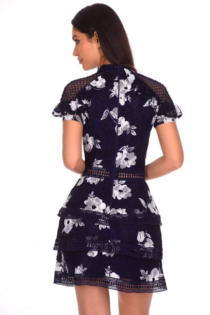 Navy Flower Detail Lace Dress - Image 3