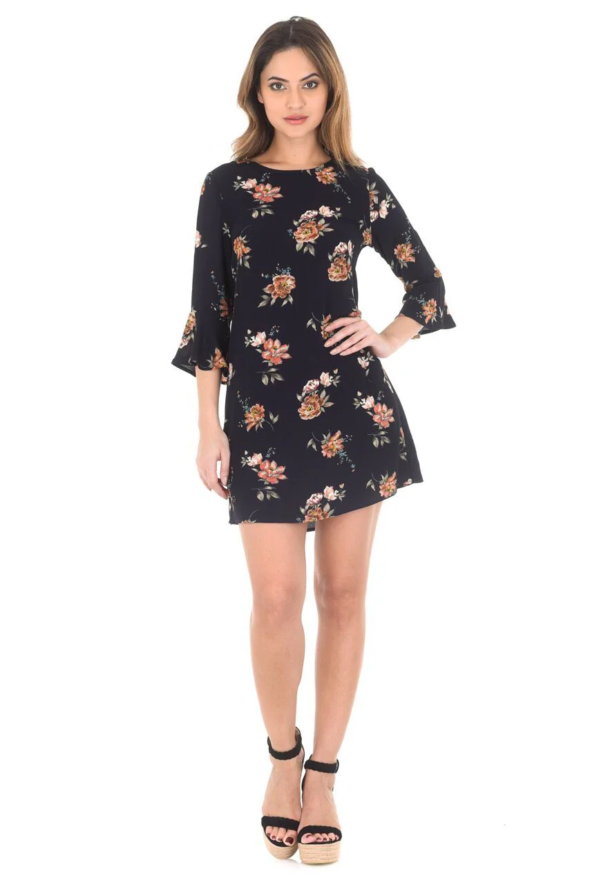 Navy Frill Sleeve Floral Printed Dress - Image 2
