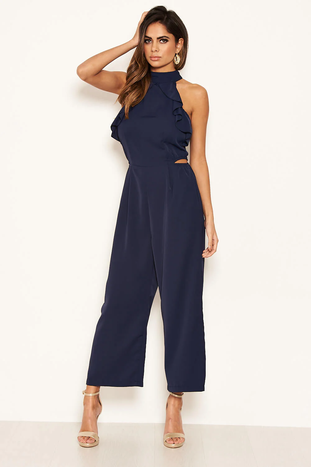 Navy Frilled Cut Out Culotte Jumpsuit - Image 2