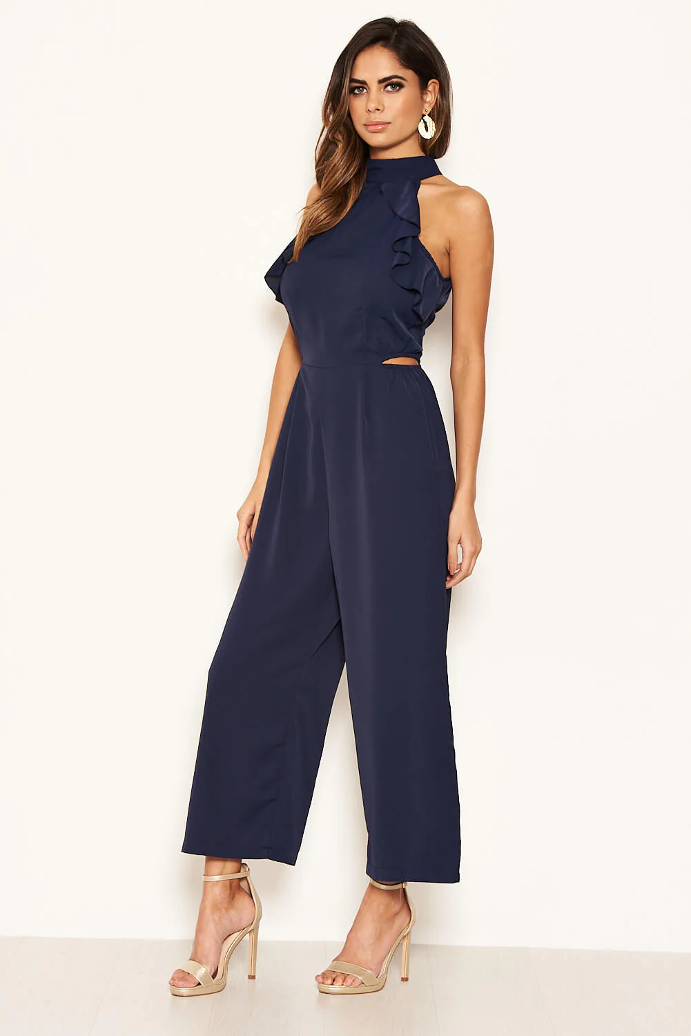 Navy Frilled Cut Out Culotte Jumpsuit - Image 4