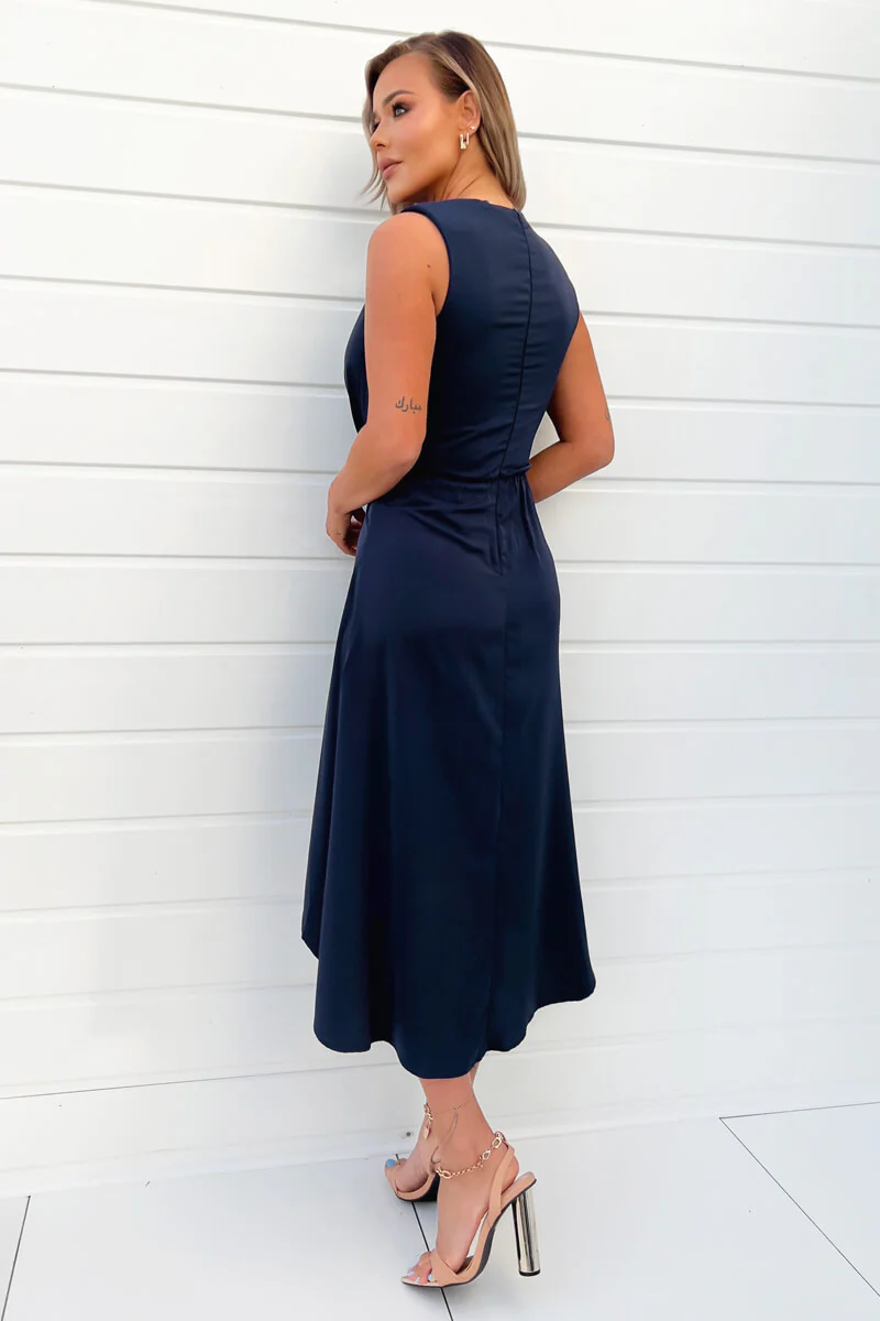 Navy Gathered Midi Dress With Shoulder Pads - Image 4