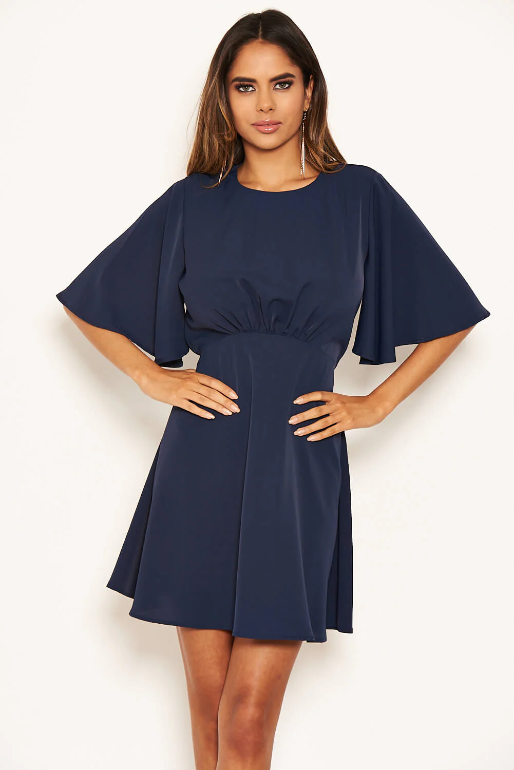 Navy Gathered Waist Skater Dress - Image 3
