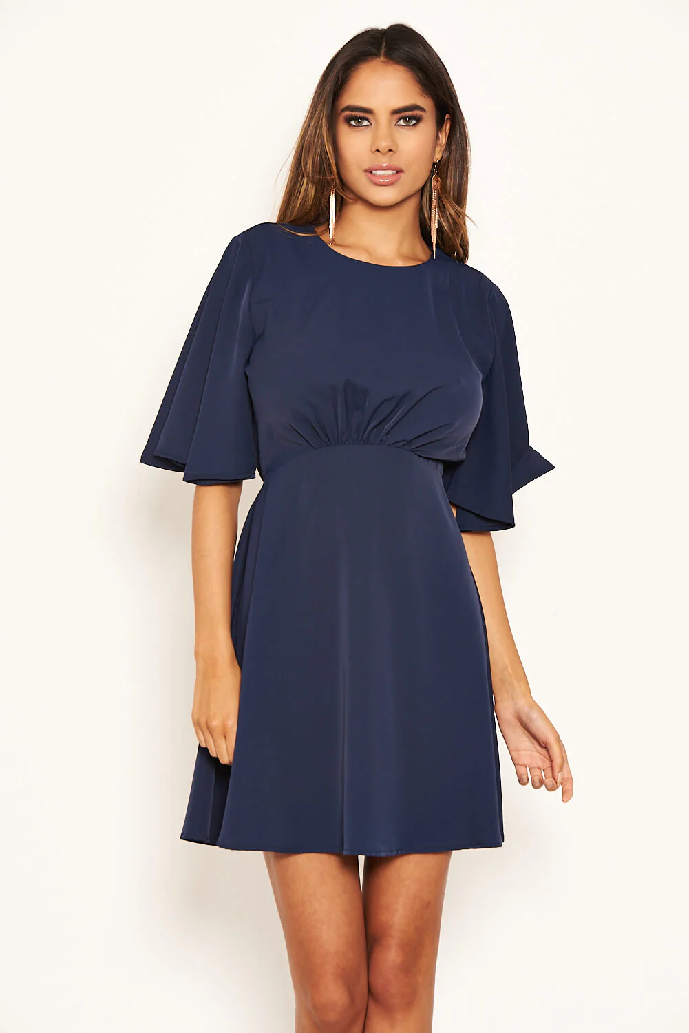 Navy Gathered Waist Skater Dress - Image 4