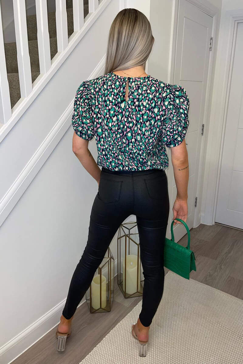 Navy Green And Pink Printed Balloon Sleeve Top - Image 5