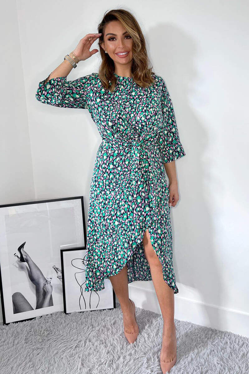 Navy Green And Pink Printed Wrap Tie Front Midi Dress - Image 2