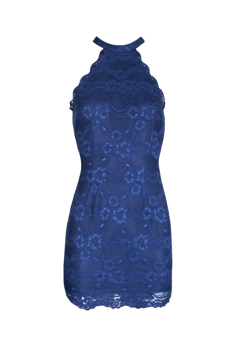 Navy Halter Lace Mini Dress - Image 4