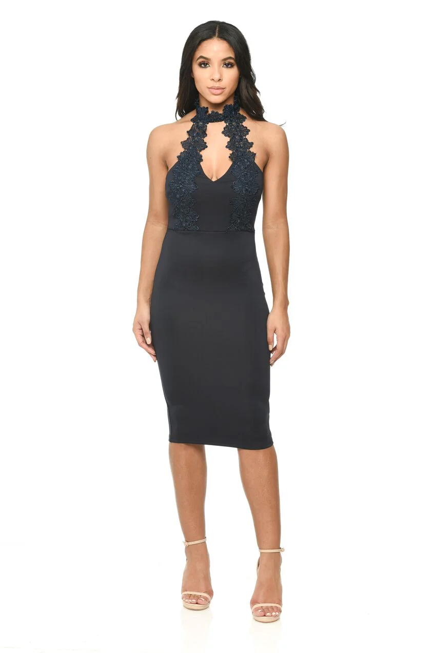 Navy Halterneck Choker Dress With Lace Detail - Image 2