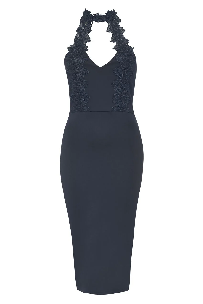 Navy Halterneck Choker Dress With Lace Detail - Image 4