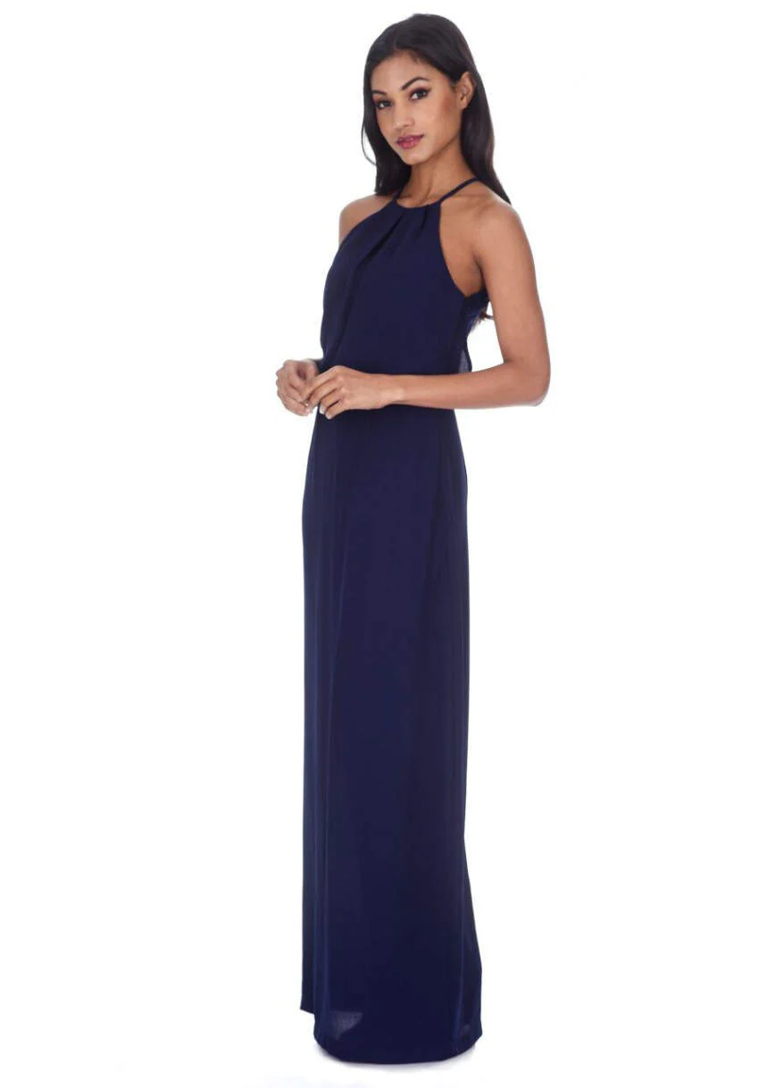 Navy Halterneck Strappy Lace Detail Maxi Dress - Image 2