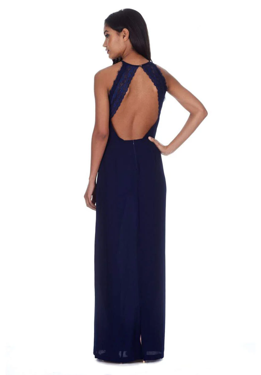 Navy Halterneck Strappy Lace Detail Maxi Dress - Image 3