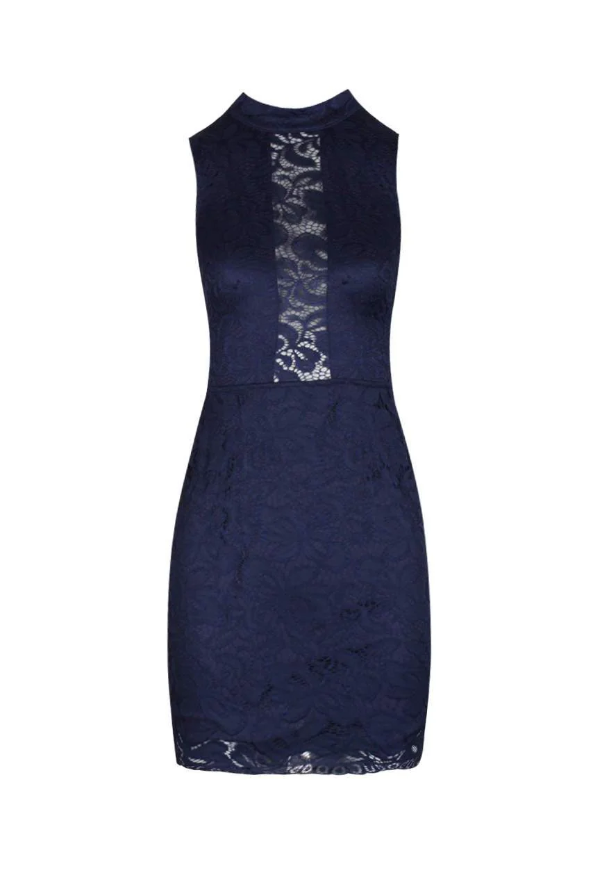 Navy High Neck Lace Dress - Image 4