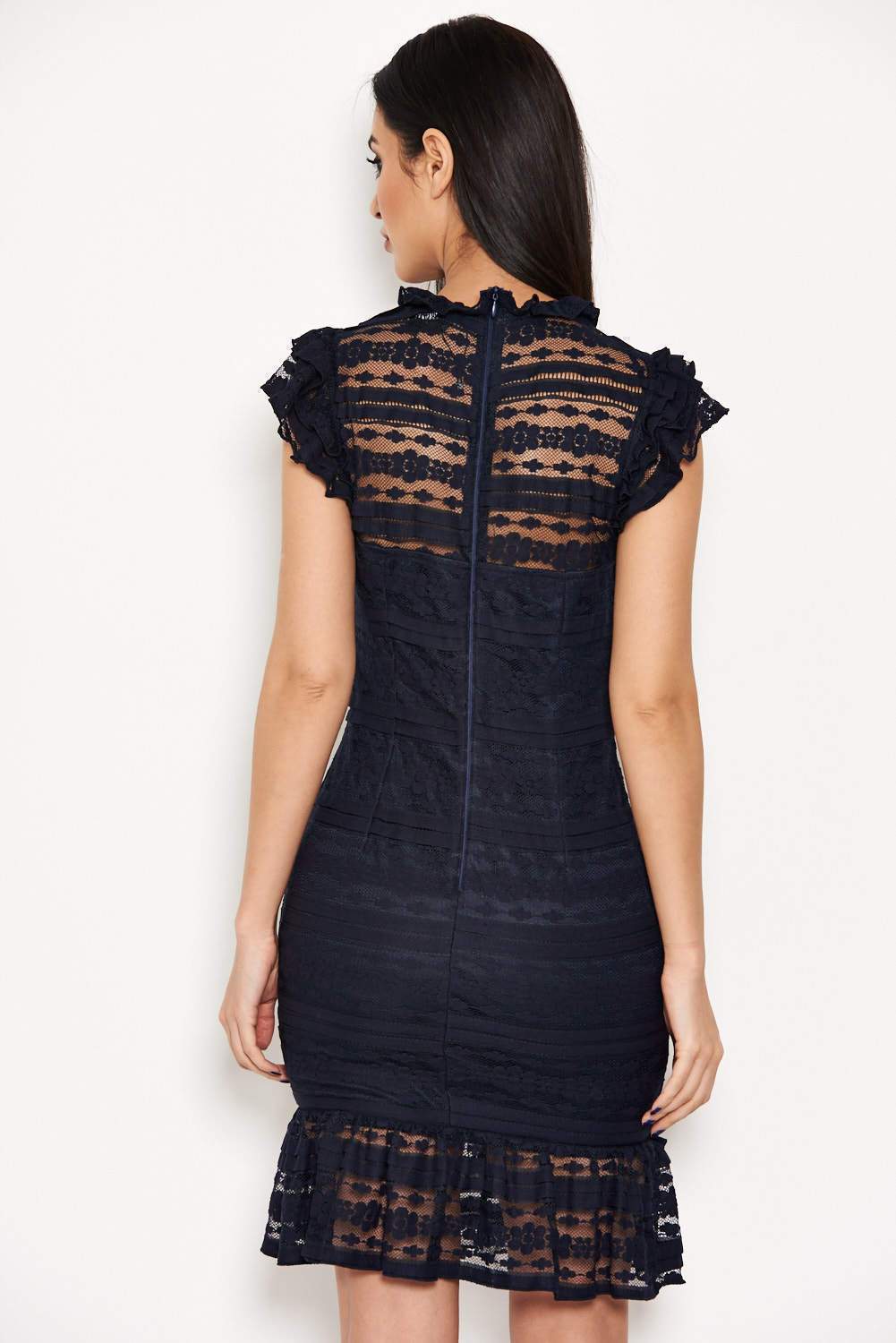 Navy High Neck Lace Frill Dress - Image 3