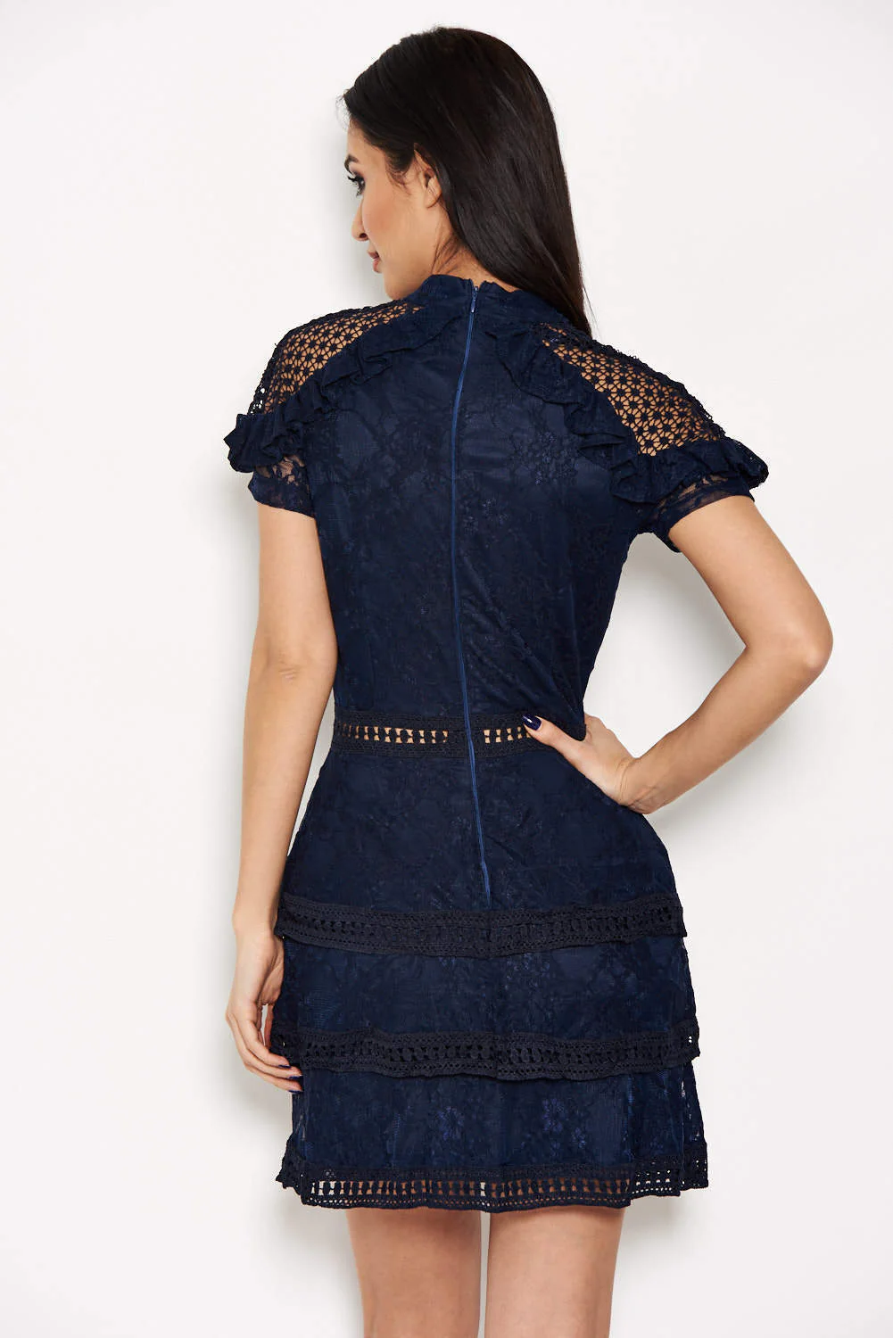 Navy High Neck Lace Layer Frill Mini Dress - Image 3