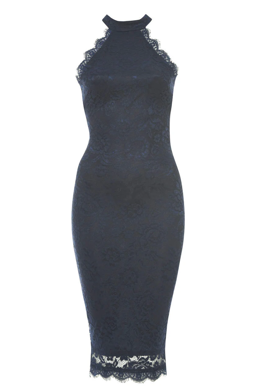 Navy High Neck Lace Midi Dress - Image 5