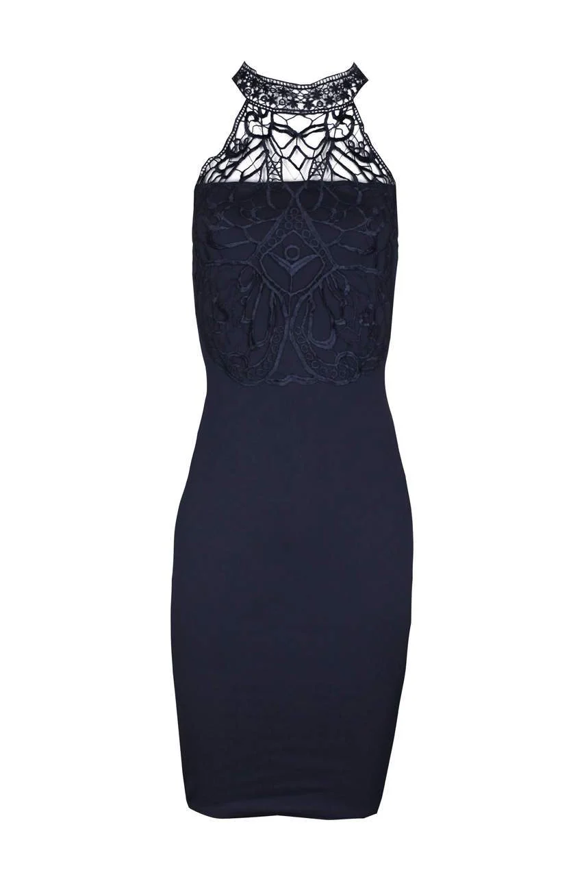 Navy High Neck Midi Length Bodycon Crochet Dress - Image 4