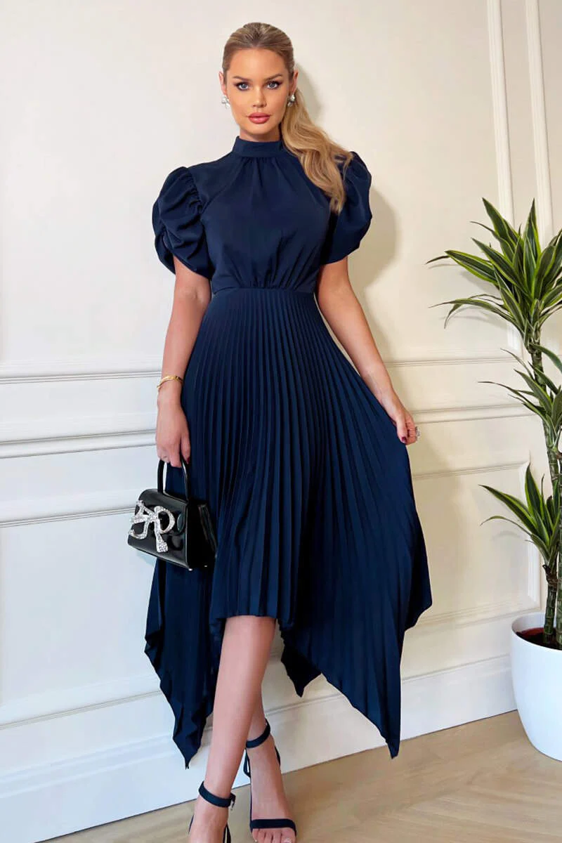 Navy High Neck Puff Sleeve Zig Zag Hem Pleated Midi Dress - Image 4