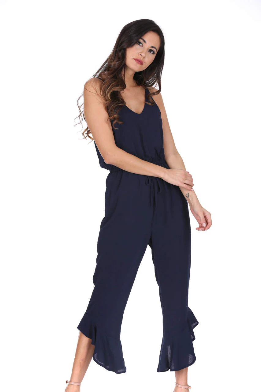 Navy High Waisted Jumpsuit With Frill Hem - Image 2