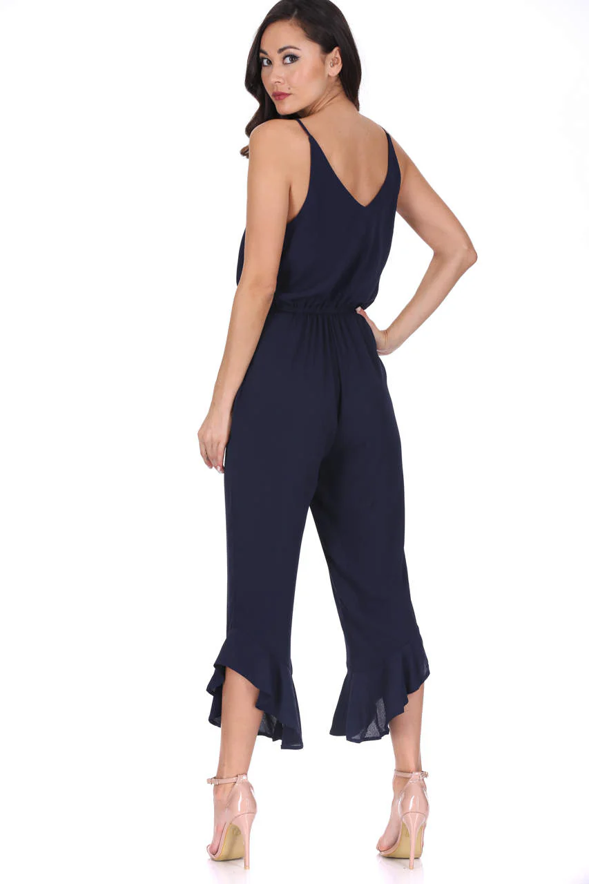 Navy High Waisted Jumpsuit With Frill Hem - Image 3