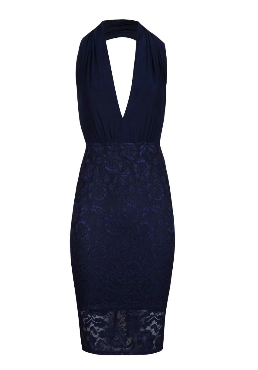 Navy Lace Backless Halter Neck Dress - Image 4