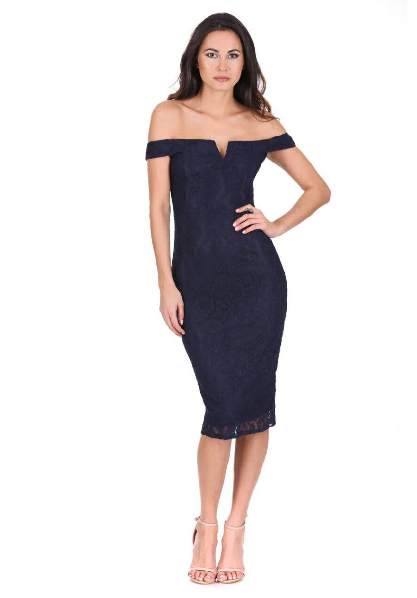 Navy Lace Bardot Midi Dress - Image 2