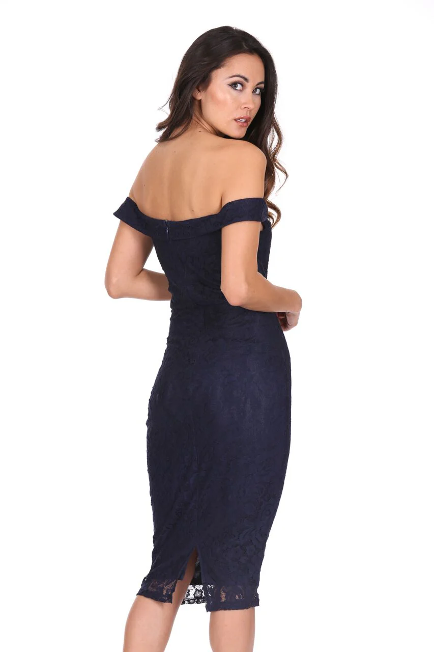 Navy Lace Bardot Midi Dress - Image 3