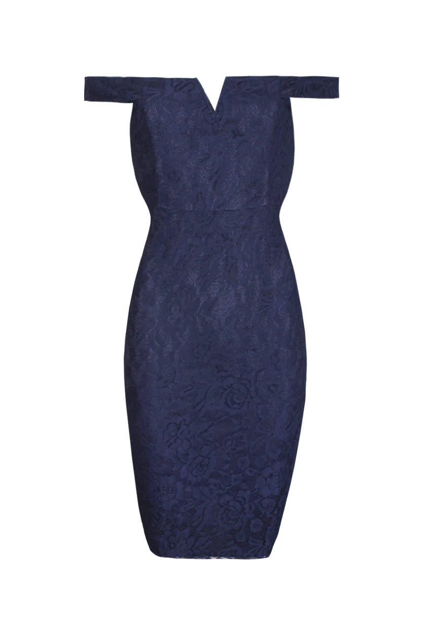 Navy Lace Bardot Midi Dress - Image 4