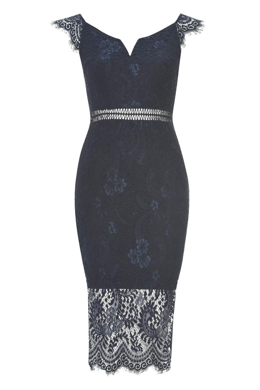 Navy Lace Bodycon Dress With Notch Front - Image 4
