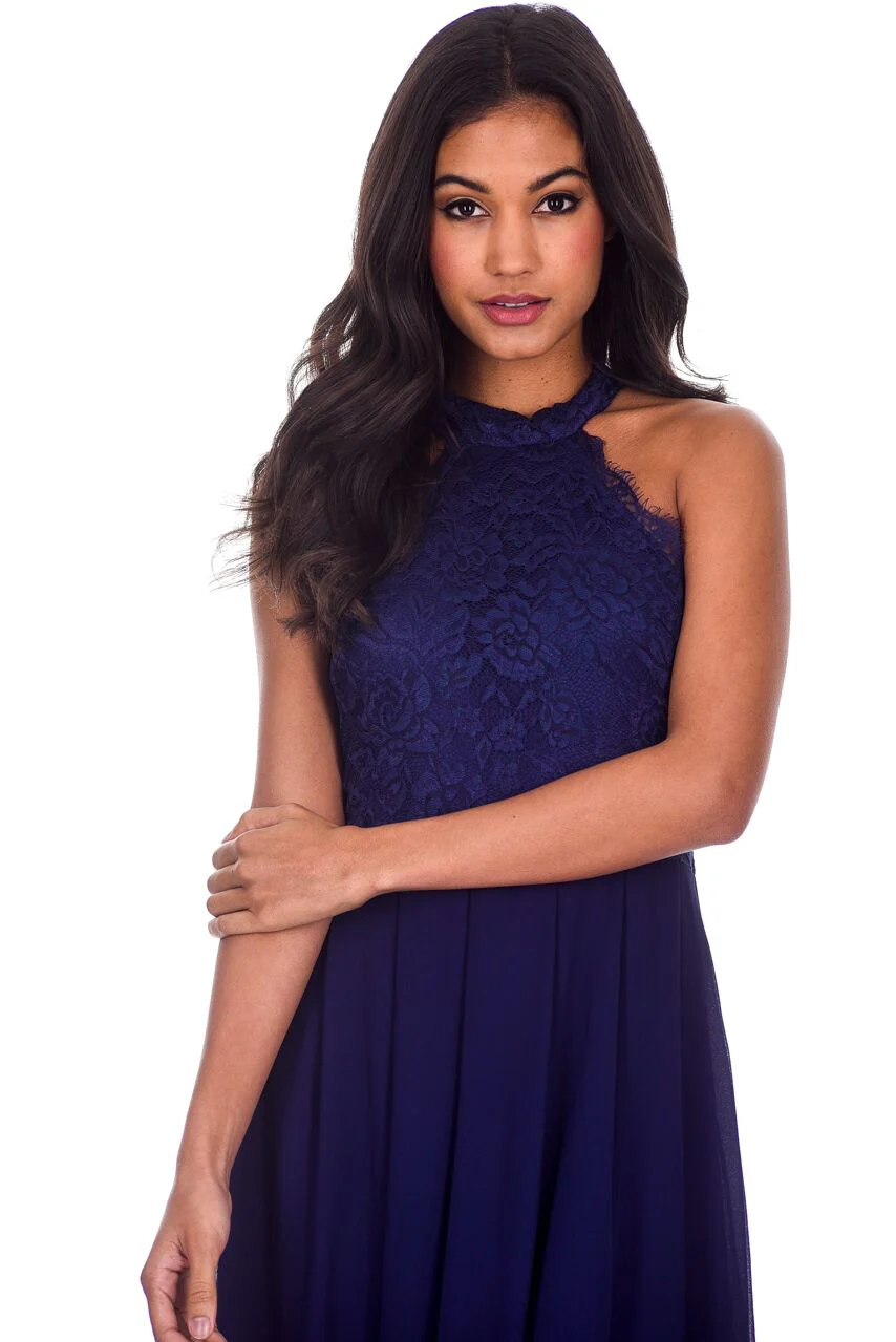 Navy Lace Choker Neck Maxi Dress - Image 5