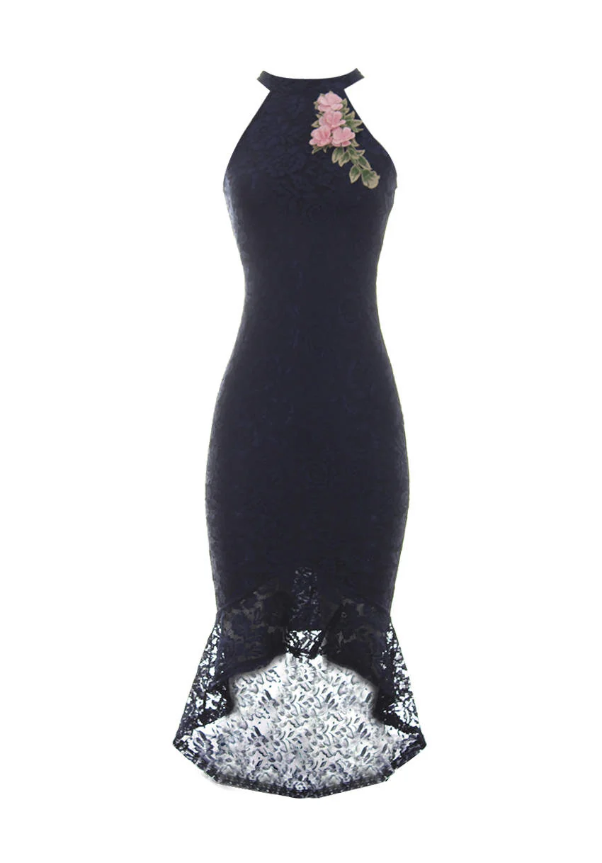 Navy Lace Choker Neck Midi Dress - Image 4