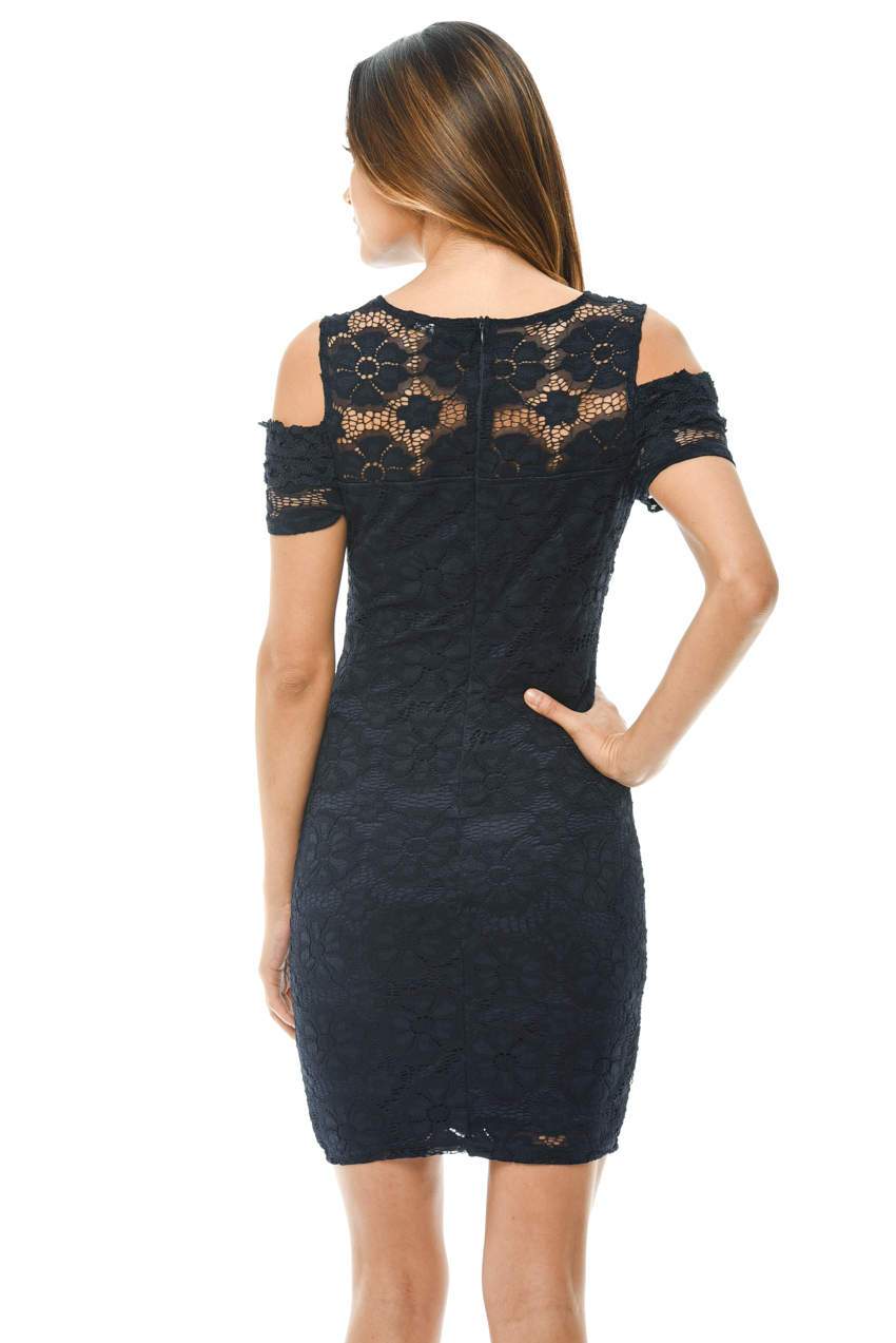 Navy Lace Cut Out Shoulder Bodycon Dress - Image 3